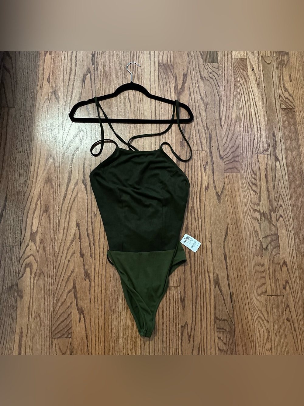 Charlotte Russe: Olive Green Apron Halter Top Bodysuit with Strappy Lace Up Back